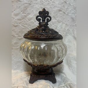 Vintage Crackle Glass Table Top Candy Bowl Pedestal Lamp Potpourri Finial Jar